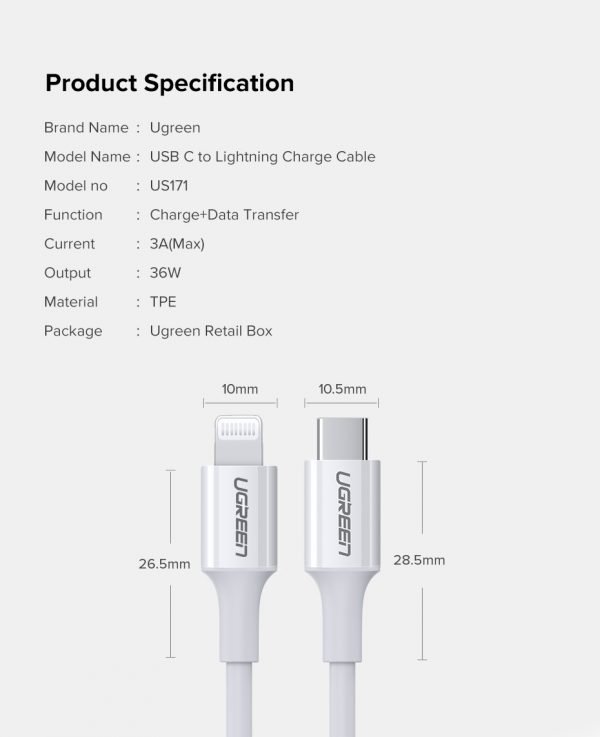 Ugreen USB C To Lightning M/M Cable Rubber Shell 60W 1M White